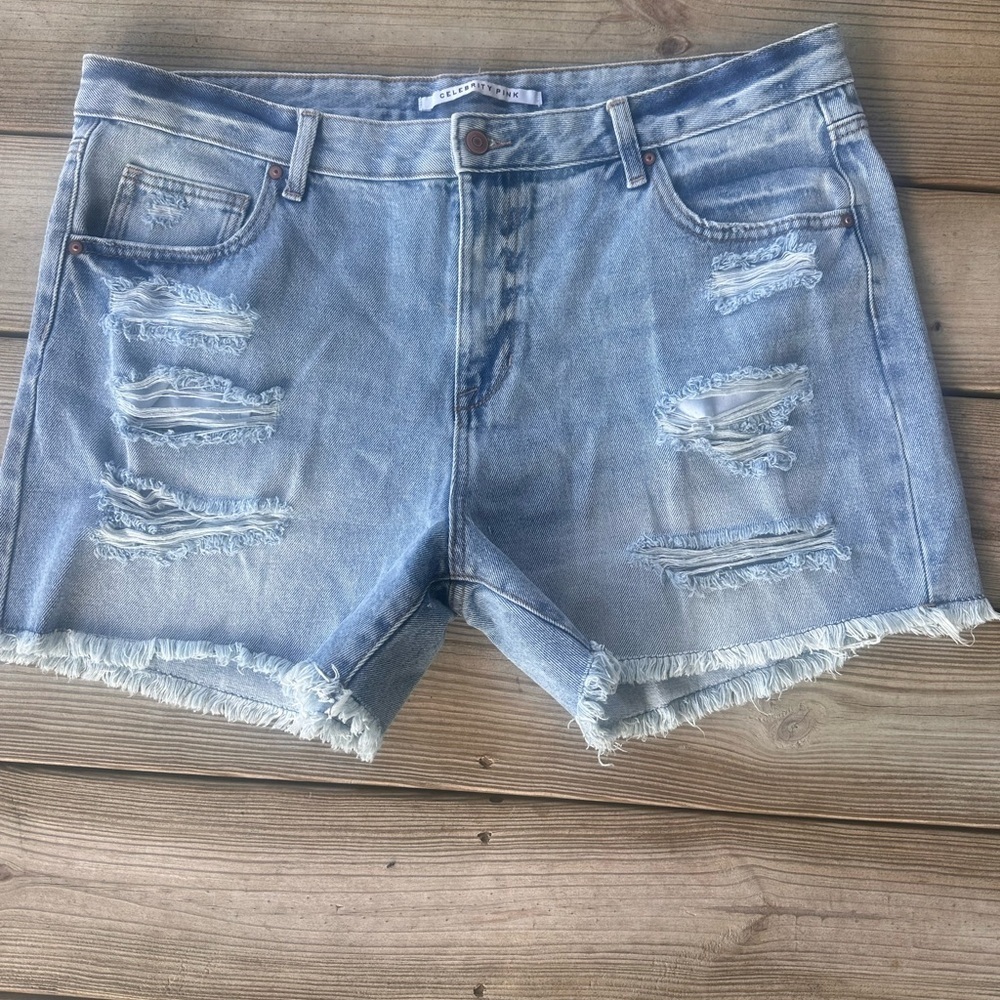 Celebrity Pink Light Blue Distressed Denim Shorts
